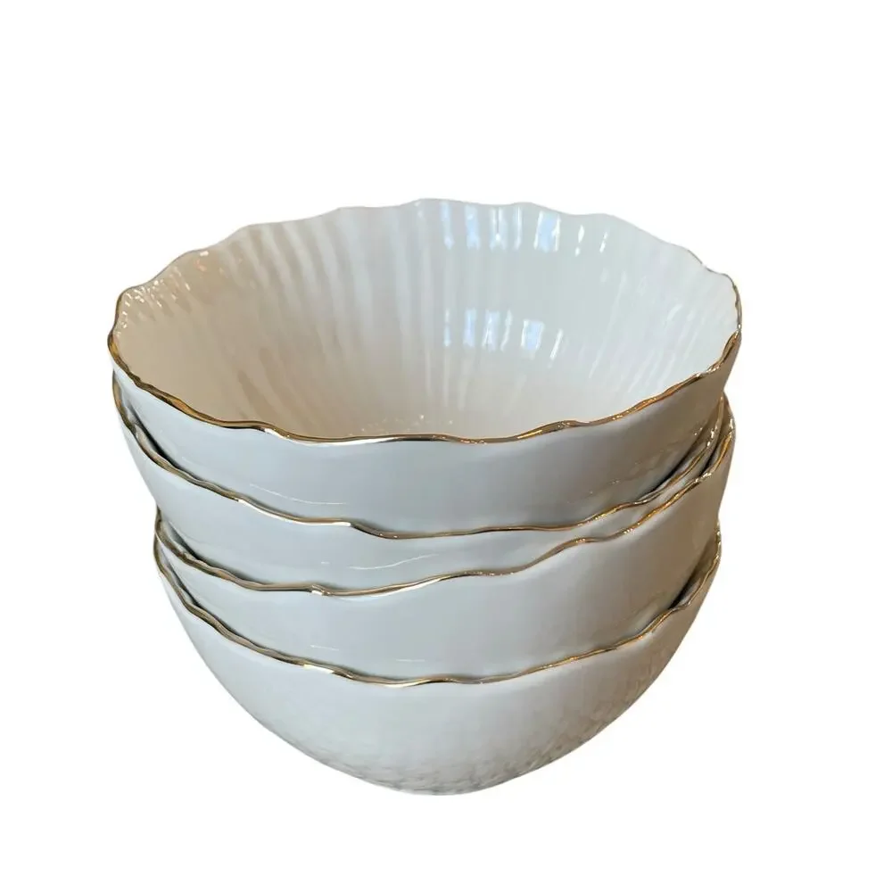 Christian Siriano Porcelain 6in Bowl Set of 4 White with Gold Trim New
